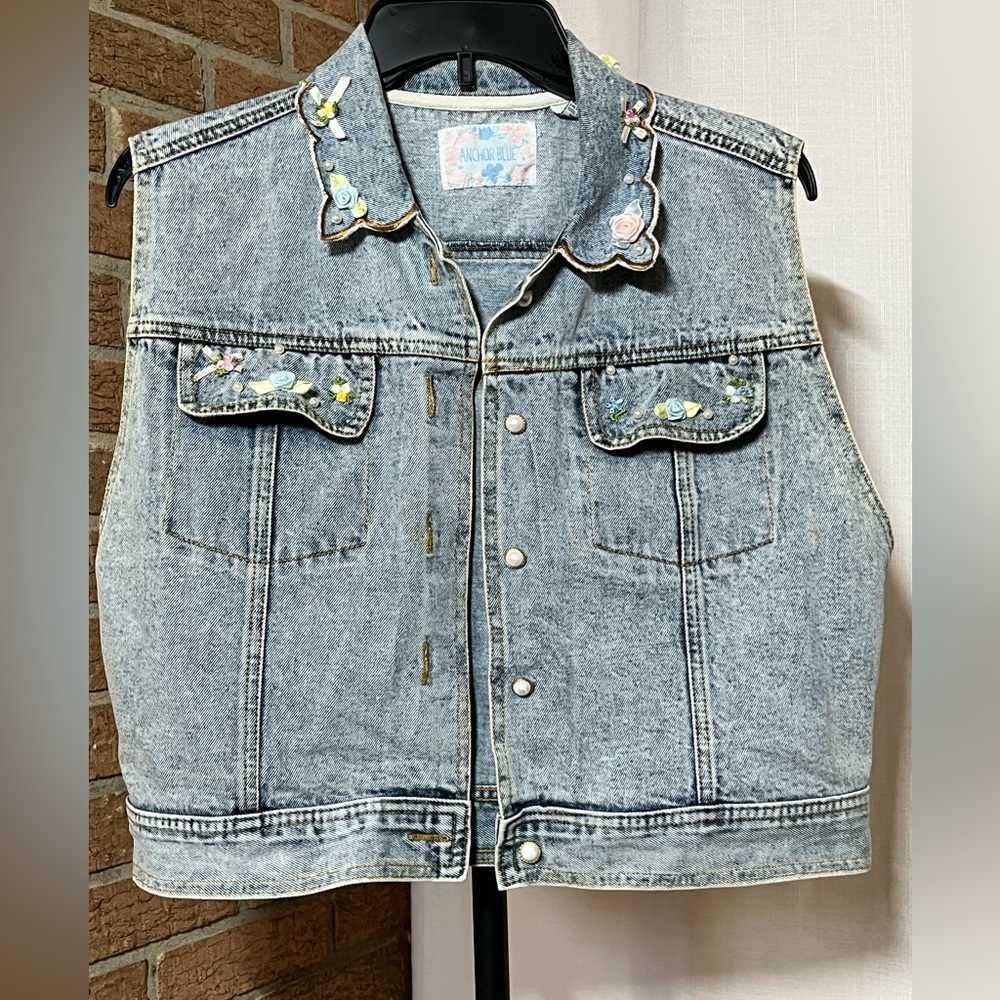 Vintage Embellished Denim Vest Floral Pearl Lace Cottagecore Boho 90s Medium
